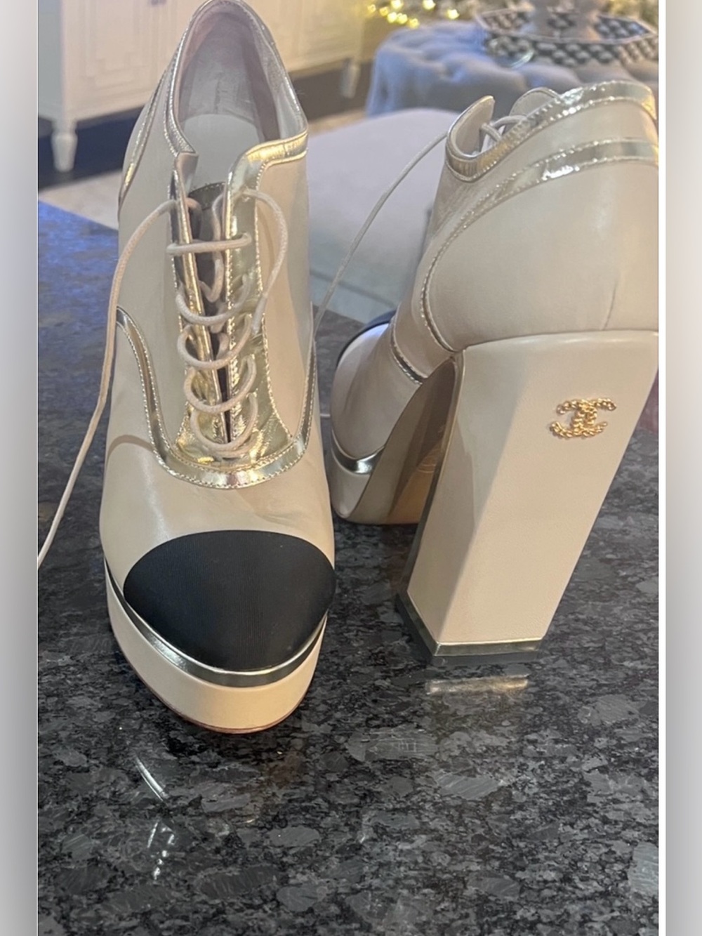 Chanel Two-Tone Lace-Up Platform Heel in Beige and Black